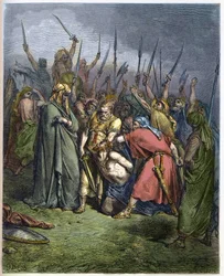 Samuel dræber Agag - Halshugningen af Agag, amalekitternes konge, ved profeten Samuel - stik i «Den illustrerede Bibel» af Gustave Doré (1832-1883) - stik fra «Dorés Bibel»