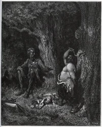 Sancho Panza flyver foran Don Quixote for at opfylde Merlins ønske og dermed affortrylle Dulcinee fra Toboso. Don Quixote opfordrer ham til at moderere sin iver - fra "Don Quixote de la Mancha" af Miguel Cervantes (1547-1616) (Don Quixote) - Træsnit