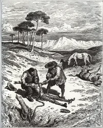 Sancho og kusinen trækker Don Quijote (sovende) ud af Montesinos