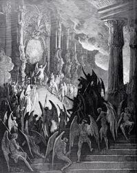 Satan i råd, fra 1. bog af John Miltons (1608-74) „Det tabte paradis“, graveret af Stéphane Pannemaker (1847-1930), ca. 1868