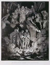 Shadrach, Meshach og Abednego i den brændende ovn, illustration fra Dore-bibelen