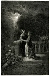 Sigognac og Isabelle: elskende, der endelig forenes i måneskinnet. I sidste ende sejrer kærligheden! Kobberstik af Gustave Dore, der illustrerer Theophile Gautiers pikareskroman "Le capitaine Fracasse", edition Charpentier 1863.