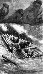 Sømanden Sindbad (Sinbad) - fortællingen om de tusind og en (1001) nat - illustration af Gustave Dore - Maxwell-udgave 1865 - Tredje rejse: Sindbad og hans ledsagere, som er stukket til søs på en flåde, forfølges af kæmper, som kaster store sten efter dem.