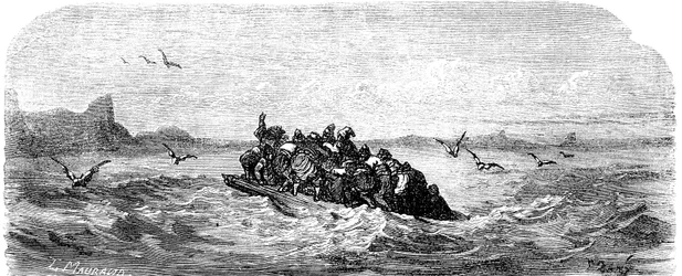 Sømanden Sindbad (Sinbad) - fortællingen om de tusind og en (1001) nat - illustration af Gustave Dore - udgave Maxwell 1865 - Tredje rejse: Sindbad og hans ledsagere sejler om bord på en flåde