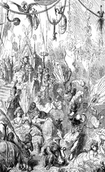 Sømanden Sindbad (Sinbad) - fortællingen om de tusind og en (1001) nat - illustration af Gustave Dore - Maxwell-udgave 1865 - Sjette rejse - denne gravering kan repræsentere kongen af Serendibs hof eller kaliffen Haroun al-Rashids hof (Harun al...