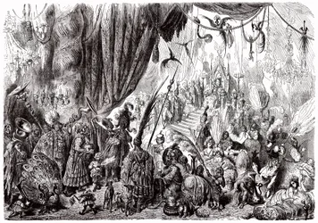 Sømanden Sindbad (Sinbad) - fortællingen om de tusind og en (1001) nat - illustration af Gustave Dore - Maxwell-udgave 1865 - Sjette rejse: ved hoffet hos kongen af Serendib