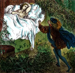 "Tornerose" Prins Charming nærmer sig den smukke, sovende prinsesse. Gravering af Gustave Dore (1832-1883) til "Les contes" af Charles Perrault (1628-1703).