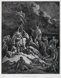 Så Moses lavede en bronzeslange og satte den op på en pæl. 4 Mosebog 21,7, Illustration fra Dore-bibelen