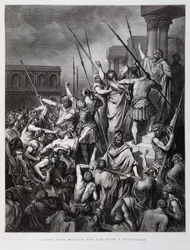 Paulus angrebet af jøderne i Jerusalem, illustration fra Dore-bibelen