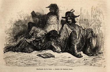 Studerende af tun (eller tunantes) i distriktet ved universitetet i Alcala de Henares, det særlige ved disse studerende, der har vedtaget ledigt, frit og omvandrende liv er ikke at studere, skitsere på live af Gustave Dore. Indgravering til illustration af