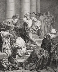 Køberne og sælgerne drevet ud af templet, Lukas 19:45-46, illustration fra Dores 