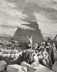 Sprogforvirringen, Første Mosebog 11:7-9, illustration fra Dorés «Den Hellige Bibel», graveret af Maurand, 1866