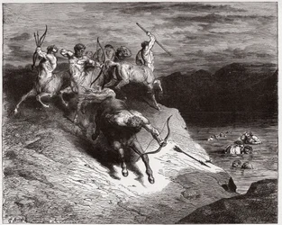 Den guddommelige komedie (La Divina Commedia, La Divine Comedie), Inferno, Canto 12: Kentaurerne angriber sjælene i kogende blod - af Dante Alighieri (1265-1321) - Illustration af Gustave Dore (1832-1883)