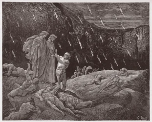 Den guddommelige komedie (La Divina Commedia, La Divine Comédie), Helvede, sang 15: Brunetto Latini henvender sig til Dante - af Dante Alighieri (1265-1321) - illustration af Gustave Doré (1832-1883)