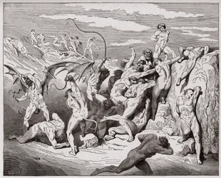 Den guddommelige komedie (La Divina Commedia, La Divine Comédie), Helvede, 18. sang: Djævle og forførere - af Dante Alighieri (1265-1321) - Illustration ved Gustave Doré (1832-1883)