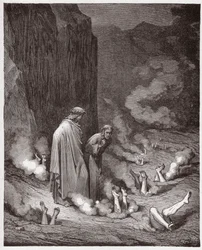 Den Guddommelige Komedie, Helvede, Sang 19: Dante irettesætter pave Nikolaus III i den fjerde bolgia - af Dante Alighieri (1265-1321) - Illustration af Gustave Doré (1832-1883)