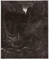 Den guddommelige komedie, Inferno, sang 1: løven konfronterer pludselig Dante - af Dante Alighieri (1265-1321) - Illustration af Gustave Doré (1832-1883)