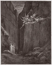 Den guddommelige komedie (La Divina Commedia, La Divine Comedie), Inferno, Canto 23: Digterne undslipper dæmonerne fra den femte bolgia - af Dante Alighieri (1265-1321) - Illustration af Gustave Dore (1832-1883)