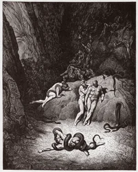 Den Guddommelige Komedie, Inferno, Sang 25: Agnello forvandler sig til en slange - af Dante Alighieri (1265-1321) - Illustration af Gustave Doré (1832-1883)