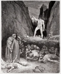 Den guddommelige komedie (La Divina Commedia, La Divine Comédie), Helvede, sang 28: Bertrand de Borns afhuggede hoved taler til Dante - af Dante Alighieri (1265-1321) - Illustration af Gustave Doré (1832-1883)