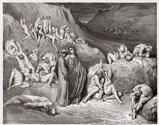 Den Guddommelige Komedie (La Divina Commedia, La Divine Comédie), Inferno, Sang 29: Falsknerne og forfalskerne plaget af kløe - af Dante Alighieri (1265-1321) - Illustration af Gustave Doré (1832-1883)