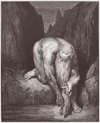 Den Guddommelige Komedie, Helvede, sang 31: kæmpen Antæus sænker Dante og Vergil ned i den sidste kreds - af Dante Alighieri (1265-1321) - Illustration af Gustave Doré (1832-1883)