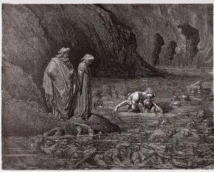 Den Guddommelige Komedie, Helvede, Sang 32: Ugolino gnaver i ærkebiskop Ruggieris hoved - af Dante Alighieri (1265-1321) - Illustration af Gustave Doré (1832-1883)