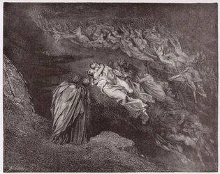 Den guddommelige komedie (La Divina Commedia, La Divine Comedie), Inferno, Canto 5: Francescas sjæl taler til Dante - af Dante Alighieri (1265-1321) - Illustration af Gustave Dore (1832-1883)
