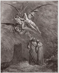 Den guddommelige komedie (La Divina Commedia, La Divine Comédie), Inferno, sang 9: De hæslige erinyer: Megaera, Tisiphone, Alecto - af Dante Alighieri (1265-1321) - Illustration af Gustave Doré (1832-1883)