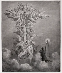 Den guddommelige komedie, Paradiso, sang 14: Dante og Beatrice ser englene med Kristus på korset - af Dante Alighieri (1265-1321) - illustration af Gustave Doré (1832-1883)