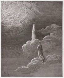 Den guddommelige komedie (La Divina Commedia, La Divine Comédie), Paradiset, 14. sang: Dante og Beatrice føres til Mars