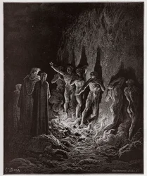 Den guddommelige komedie, Purgatorio, Sang 25: De vellystige passerer gennem ild i den syvende kreds - af Dante Alighieri (1265-1321) - Illustration af Gustave Doré (1832-1883)