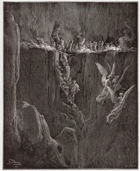 Den Guddommelige Komedie, Purgatorio, Sang 25: Vergil og Dante stiger gennem flammer til den syvende kreds - af Dante Alighieri (1265-1321) - Illustration af Gustave Doré (1832-1883)
