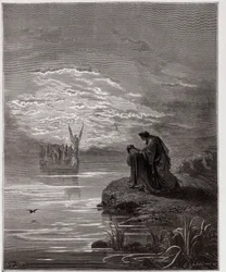 Den guddommelige komedie (La Divina Commedia, La Divine Comedie), Purgatorio, Canto 2: Dante bøjer sig for englepiloten - af Dante Alighieri (1265-1321) - Illustration af Gustave Dore (1832-1883)