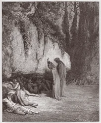 Den guddommelige komedie (La Divina Commedia, La Divine Comedie), Purgatorio, Canto 4: De indolente sjæle ved siden af ​​klippen - af Dante Alighieri (1265-1321) - Illustration af Gustave Dore (1832-1883)