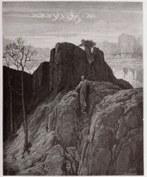 The Divine Comedy (La Divina Commedia, La Divine Comedie), Purgatorio, Canto 4: Virgil fører Dante op ad den barske bjergside - af Dante Alighieri (1265-1321) - Illustration af Gustave Dore (1832-1883)