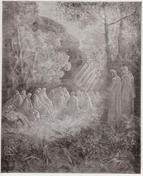 Den guddommelige komedie (La Divina Commedia, La Divine Comedie), Purgatorio, Canto 7: Ånderne synger Salve Regina in the dell - af Dante Alighieri (1265-1321) - Illustration af Gustave Dore (1832-1883)