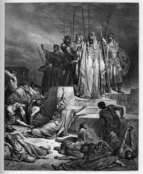 Hungersnøden i Samaria - Det Gamle Testamente: Samarias belejring. Kongen af Syrien belejrer byen Samaria og reducerede den til en frygtelig hungersnød - - indgravering i "The Bible illustree" af Gustave Dore (1832-1883) - Indgravering fra "" The Dore Bibl