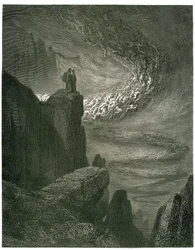 Dante Alighieris Helvede, Den Guddommelige Komedie, illustreret af Gustave Doré. Fransk udgave fra 1861. „La bufera infernal, che mai non resta / Mena gli spirti con la sua rapina. (Den helvedes storm, som aldrig standser, trækker ånder ind i sin