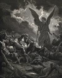 Den hellige bibel. 1866. SENNACHERIB (705-681 f.Kr.). Konge af Assyrien (705-681 f.Kr.). Herrens engel af Sankeribs hær. Gravering