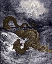Leviatan, et søuhyre, der ligner den søslange, som omtales i Bibelen. Bibelillustrationer af Gustave Doré. Gravure fra det 19. århundrede.