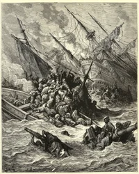"Søslaget ved Lepanto" Det satte en spansk, venetiansk alliance og pavens styrker ind mod osmannerne i 1571 ud for Grækenland. Gravering af Gustave Dore (1832-1883) fra "The History of the Crusades" af Joseph Francois Michaud.