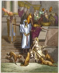 Lignelsen om den rige mand og tiggeren Lazarus - - Indgravering fra "The Dore Bible illustree" af Gustave Dore (1832-1883) - Indgravering fra "" The Dore Bible"""