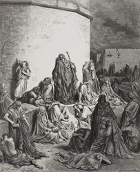 Folket sørger over ruinerne af Jerusalem, Lamentations 1:1-2 illustration fra Dores 