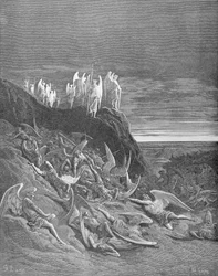 Krigen i himlen, fra bog VI af «Det tabte paradis» af John Milton (1608-74), graveret af A. Ligny, ca. 1868