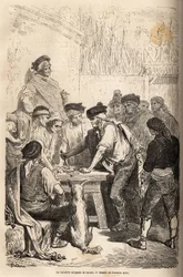 Navajaens baratero våben, der kræver den barato, hyldest, at han arrogerede på mængden af hemmelige spil. Tegning af Gustave Dore (1832-1883), til illustration af hans rejse til Spanien i 1862, med Ch. Davillier. Indgravering i "" Le tour du monde"", red