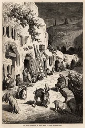 Sigøjnernes huler (underjordiske huse) i Sacro Monte, i Granada. Tegning af Gustave Dore (1832-1883), til illustration af hans rejse til Spanien i 1862, ledsaget af Ch.Davillier. Indgravering i "" Le tour du monde"", redigeret af Edouard Charton