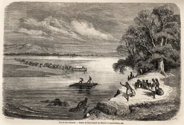 Overfarten af Colorado-floden med flåde, ledsaget af nogle Mohaves-indianere, tegning af Gustave Dore (1832-1883), for at illustrere Mississippi-rejsen til Stillehavet i 1853-54 af Baudouin Mollhausen (1825-1905). Indgravering i "" Le tour du