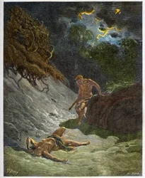 Abels død - Kains mord på Abel - Kobberstik i “Den illustrerede Bibel” af Gustave Doré (1832-1883) - Kobberstik fra “Dorés Bibel”