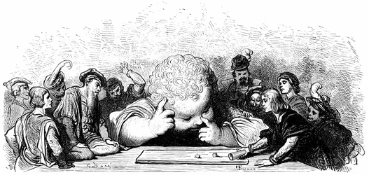 Gant Gargantua-barnets uddannelse: Han lærer at spille des. Illustration af Gustave Dore til Francois Rabelais